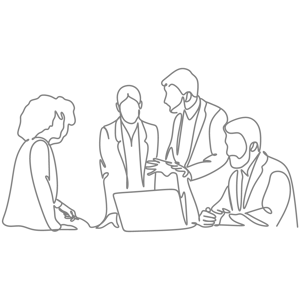 Line drawing of people working in office
