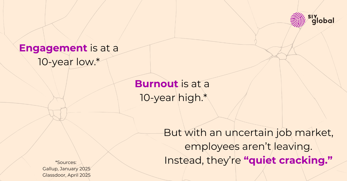 background image of cracks with text: "Engagement is at a 10-year low. Burnout is at a 10-year high. But with an uncertain job market, employees aren't leaving. Instead, they're quiet cracking."