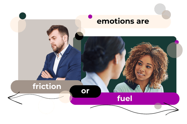 photo of a man who is angry at work and one of two women who are smiling and talking at work, showing that emotions can be friction or fuel at work