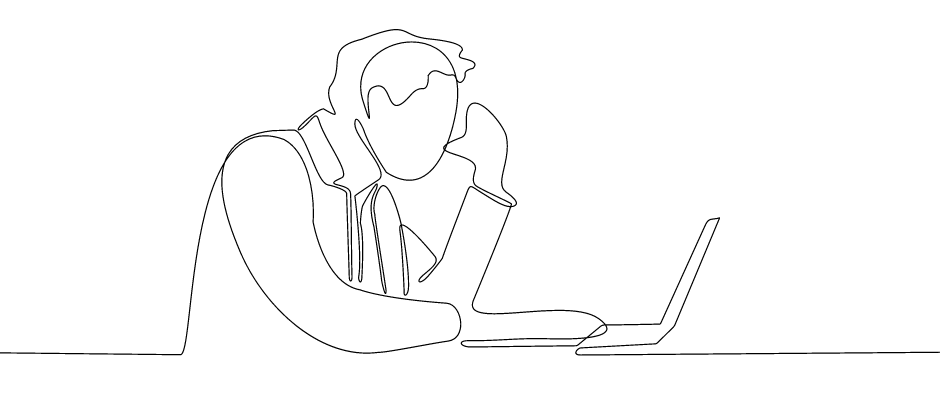 Line drawing of a person looking discouraged sitting at a computer